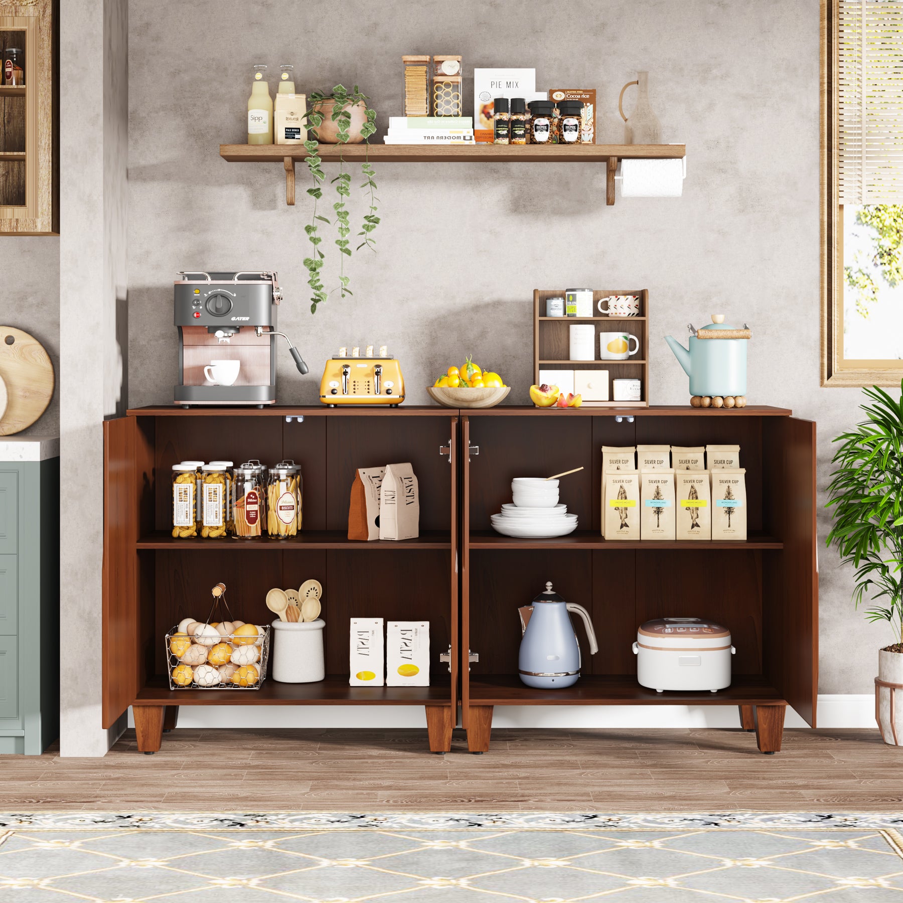 Wood Buffet Sideboard Cabinet with Adjustable Shelves